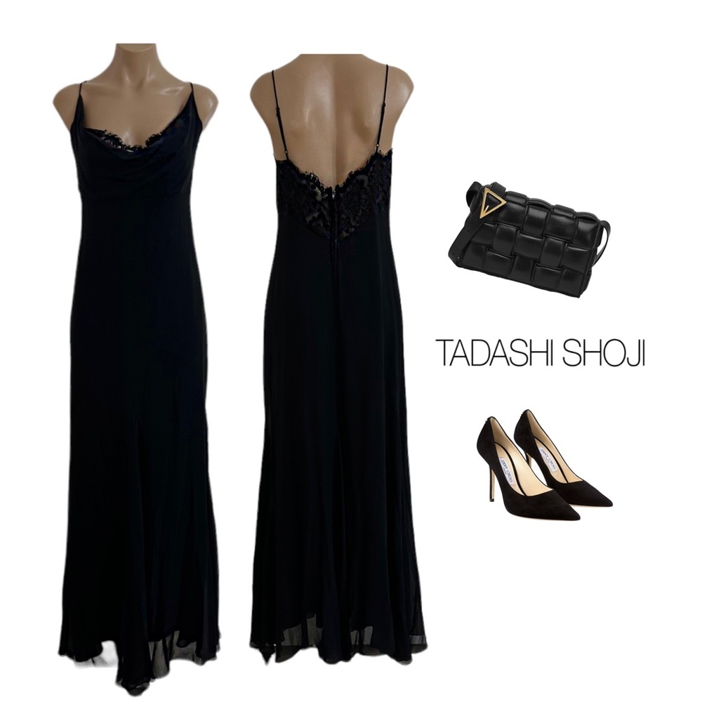 😍TADASHI SHOJI DRAPED CAMISOLE BLACK LACE BACK SLIP GOWN DRESS SZ S / 6